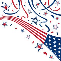 Obraz premium Festive red white and blue patriotic design with stars, stripes, confetti, and ribbons on a white background for celebrations and national holidays, national holiday, american flag, independence day