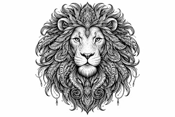 Highly detailed black and white ornamental lion head illustration in line art style, symbolizing strength, courage, royalty and power with decorative flowing elements.