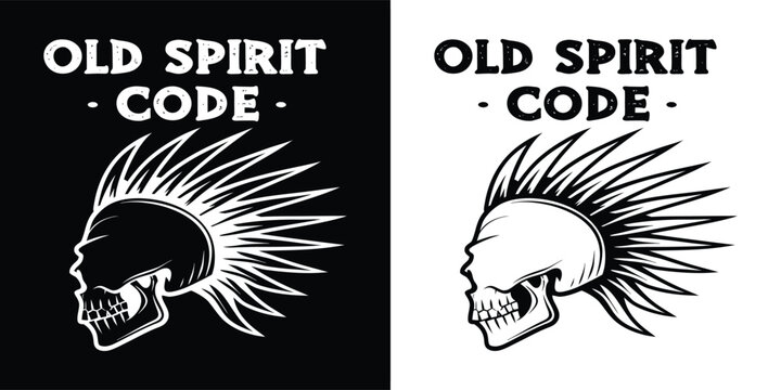 Graphic design featuring a stylized punk rock mohawk skull with the text old spirit code in contrasting formats
