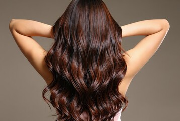 Fototapeta premium Woman with long, wavy brown hair posed with hands behind her head against a plain background.
