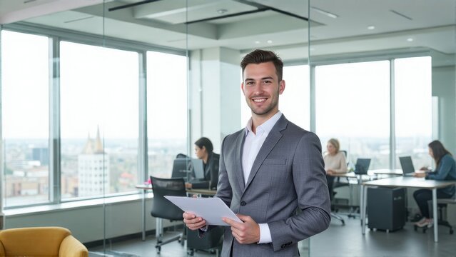 Man in a suit smiling at the camera while holding a document.