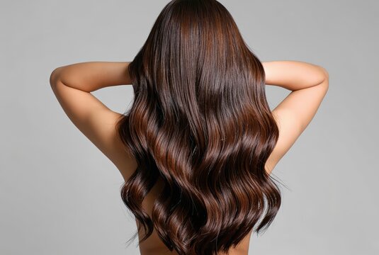 Woman with long, wavy, shiny brunette hair seen from behind with hands behind the head.