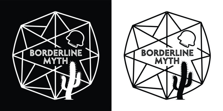 Geometric logo design featuring a stylized skull cactus and the text borderline myth inside an abstract shape