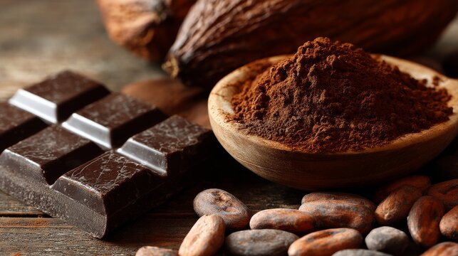 Cocoa powder cocoa beans chocolate bar dark milk ingredient dessert sweet confection rustic wooden table gourmet texture natural organic food arrangement topview stilllife rich flavor concept