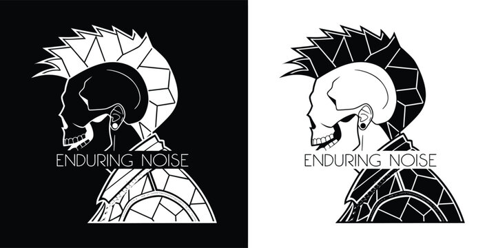 Stylized profile illustration of a human skull with a punk rock mohawk haircut, alongside the bold textual slogan 'ENDURING NOISE' in a stark monochrome vector design.