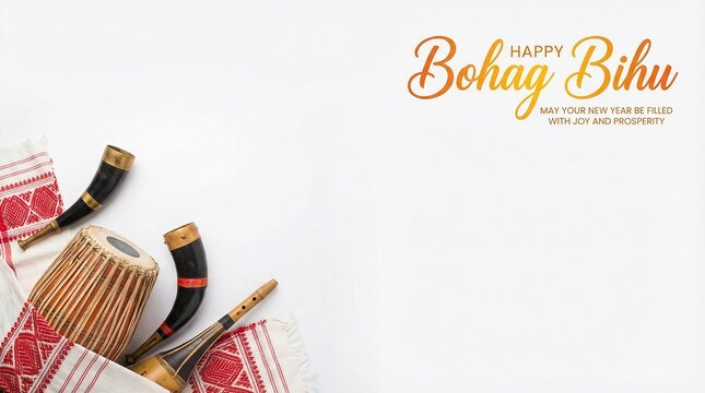 Happy Bohag Bihu Festival Background with Assamese Dhol Pepa and Gamusa on White with Copy Space