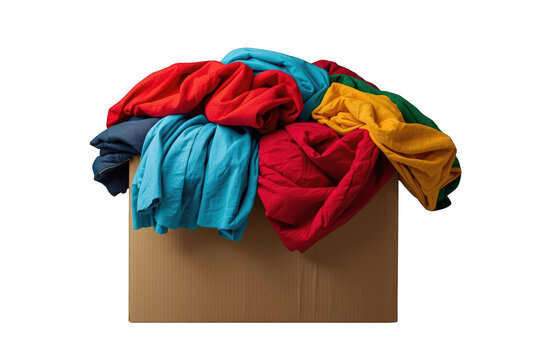Cardboard box filled with a pile of vibrant garments, including red, blue, green, and yellow fabrics, for donation