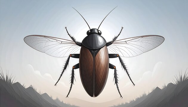 Brown cockroach with translucent wings against a blurred landscape in shades of grey and brown