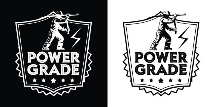 Electrician lineman logo badge design featuring a worker carrying utility lines within a shield shape representing strength and safety.