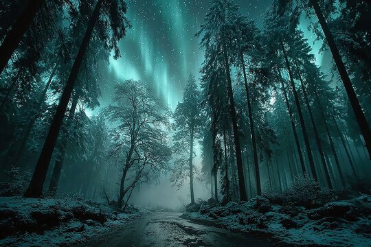 Aurora borealis illuminates a snowy forest road surrounded by tall trees at night.
