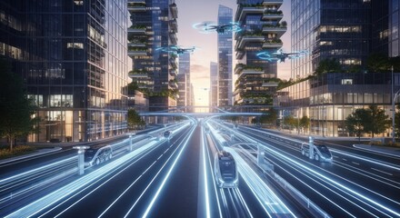 Naklejka premium Futuristic cityscape with sleek skyscrapers and neon lit road