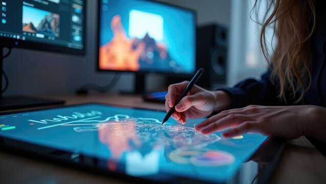 Close-up of Designer Hand Using Stylus Pen on Digital Graphic Tablet for Photo Retouching and Post Processing, Creative Workspace with High-Resolution Monitor in Background