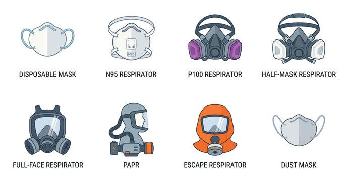 Collection of diverse respiratory protection masks and respirators for various applications