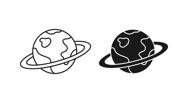 Minimalist planet icons with rings, black and white celestial globe vector set, simple earth and saturn style astronomy symbols for web design