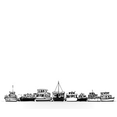 Fototapeta premium Minimalist black and white line art illustration featuring a row of various fishing boats anchored together in calm waters creating a serene coastal nautical atmosphere