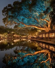 Fototapeta premium A serene tree stands beside a tranquil lake at dusk with a wooden building nearby.