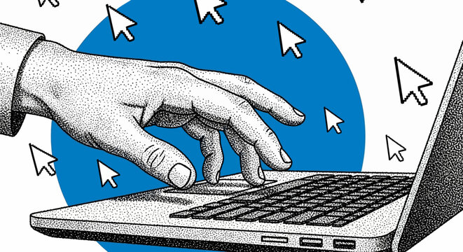 Hand typing on a laptop keyboard surrounded by cursor icons and a blue circle, representing digital work and online interaction on a light background.