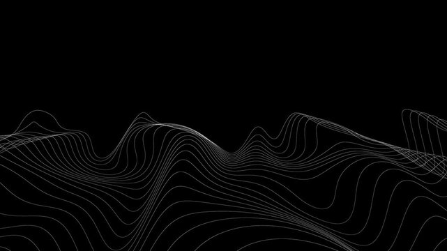Topographic wave lines flowing across a black background creating a dark futuristic digital terrain with an abstract minimalist aesthetic and high contrast professional style