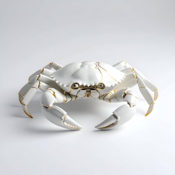 White crab animal sculpture repaired with shiny gold kintsugi cracks isolated on white background.
