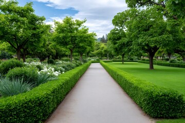 Fototapeta premium Garden path leading through manicured park landscape