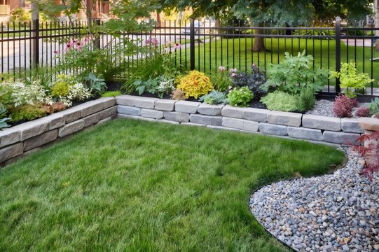 Backyard landscaping with retaining wall and diverse plants