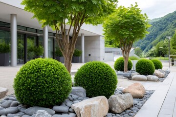 Fototapeta premium Modern architecture building with green garden landscape