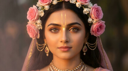 Naklejka premium Radha Rani realistic portrait with rose adornment and traditional jewelry, devotional depiction expressing divine love and bhakti concept background wallpaper
