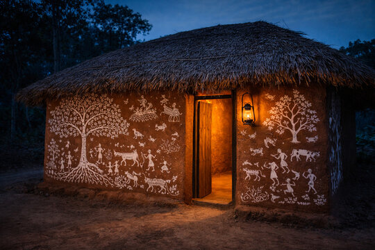 Traditional mud house with Warli tribal wall paintings at night