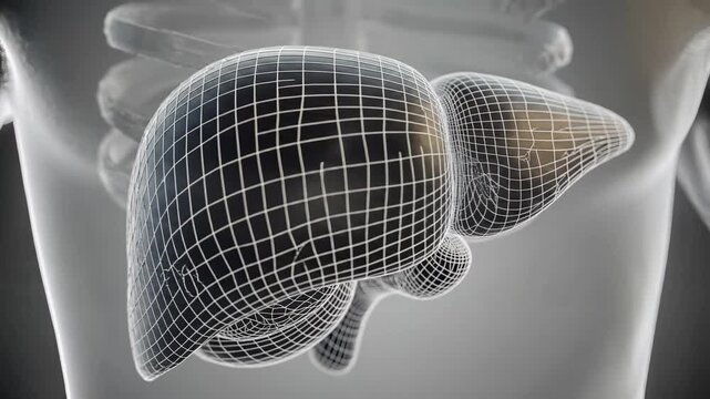 3D Wireframe Model of Human Liver in Transparent Body Scan.