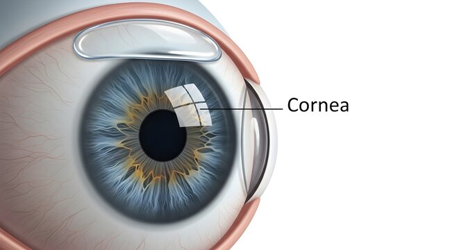 Close‑up anatomical illustration of the human eye highlighting the cornea as a clear curved window over the iris and pupil, emphasizing its role in refraction, protection and common surgical procedure