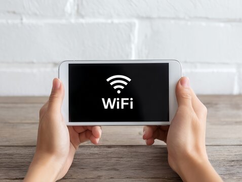 スマートフォンでWi-Fi接続を確認する両手のクローズアップと背後の白いレンガ壁