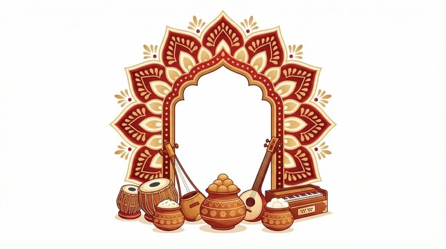 Digital illustration of traditional Indian musical instruments and ornate archway with red and gold decorations on a white background.