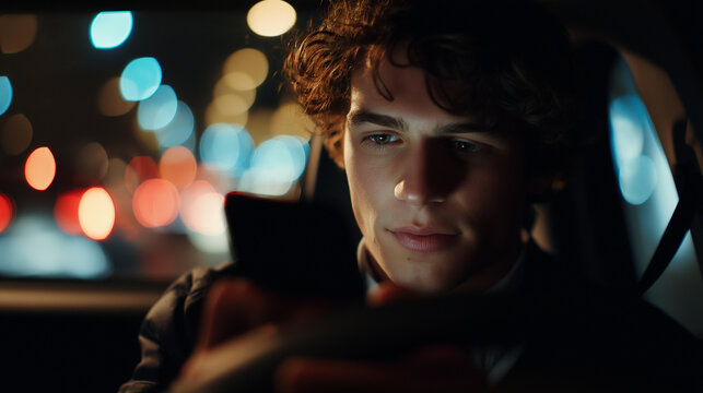 Young driver glancing at a smartphone in a car on a city street at night with blurred lights and heavy traffic, hands near the dashboard moments before impact