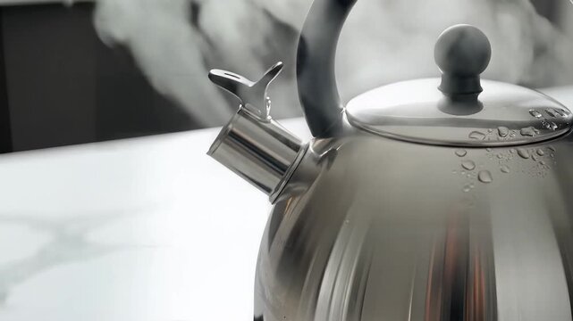 Closeup of a stainless steel kettle boiling and releasing steam.