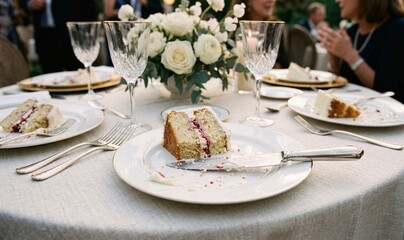 Fototapeta premium silver cake knife resting next to a half-eaten slice of cake on a dessert plate, aftermath of a celebration