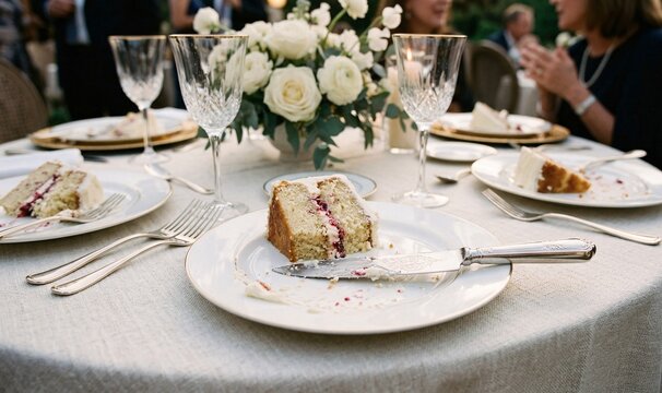 silver cake knife resting next to a half-eaten slice of cake on a dessert plate, aftermath of a celebration
