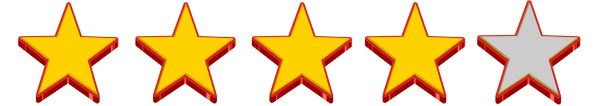 Four gold star rating icons isolated on transparent background, glossy yellow stars with red outline for high quality review system png