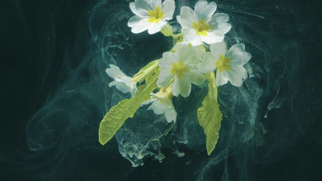White primrose floats in teal water with translucent leaf, delicate petals and yellow centers glimmering, botanical portrait vibe, slow motion floral