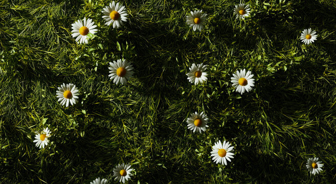 White chamomile flowers on green background