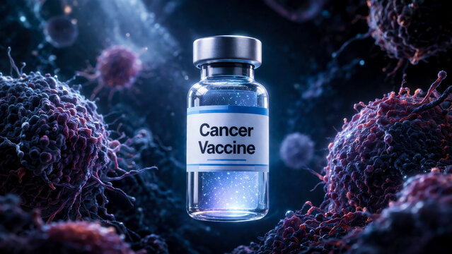 Cancer vaccine vial levitating in mid air against blue cancer background representing future of oncology treatment