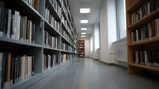A long empty library aisle lined with tall bookshelves filled with books