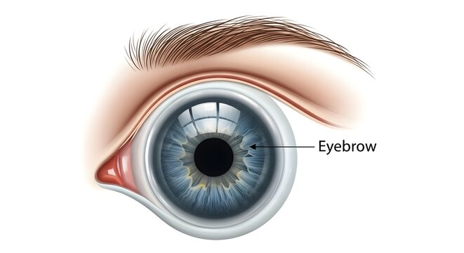 Detailed anterior illustration of the human eye and surrounding facial structures focusing on the eyebrow, showing its arching hair pattern, protective role in diverting sweat and moisture away from t