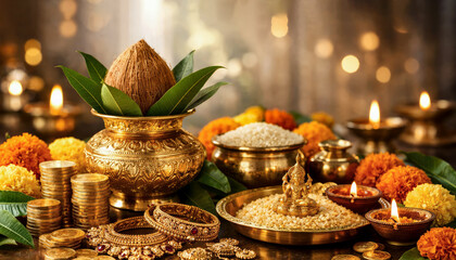 Plakat Elegant akshaya tritiya festival background with golden elements traditional decorations and spiritual symbolism