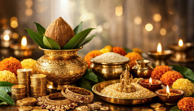 Elegant akshaya tritiya festival background with golden elements traditional decorations and spiritual symbolism