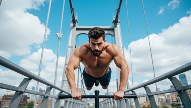 Strong athletic man in a bridge exercise overlooking city skyline