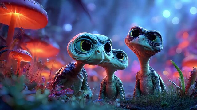 Three adorable baby turtles gaze forward in a magical forest setting. Evokes wonder, childhood dreams, and a touch of whimsical adventure - perfect fo