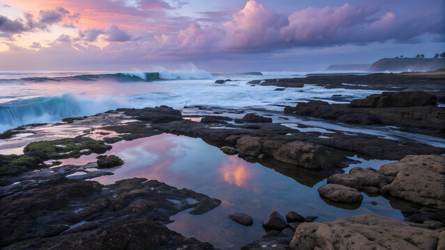 Ocean shoreline with rocky tide pools reflecting sunset colors