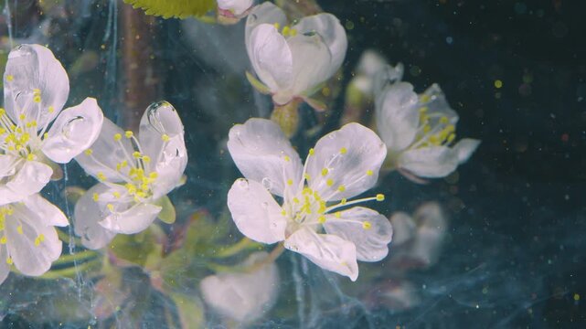 Closeup white petals submerged in pearlescent haze with visible yellow pollen and shimmering microbubbles, intimate floral macro study focusing