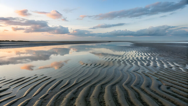 Shallow tidal flat with rippled sand reflecting clouds and sky