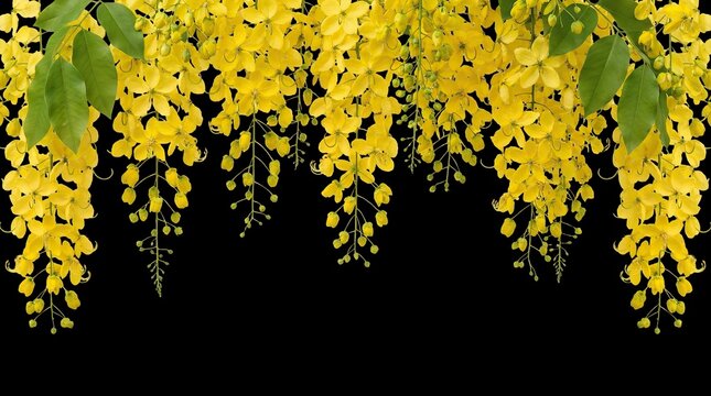 Happy Vishu Festival Background with Golden Konna Flowers Border on White, Kerala New Year Floral Frame Design